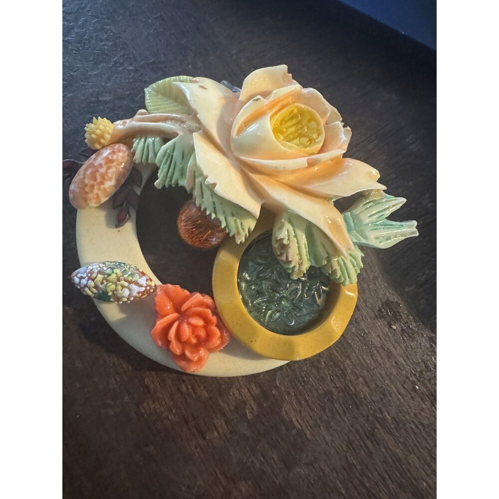 Vintage 1930s/1940s Celluloid Floral Brooch With Deep Carving Red, Yellow Gold G